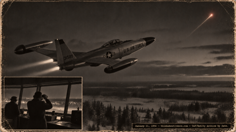 1950s-style illustration of an F-89D Scorpion climbing after a reddish light over snowy Michigan pines near Wurtsmith AFB on January 11, 1956, with tower operators watching.