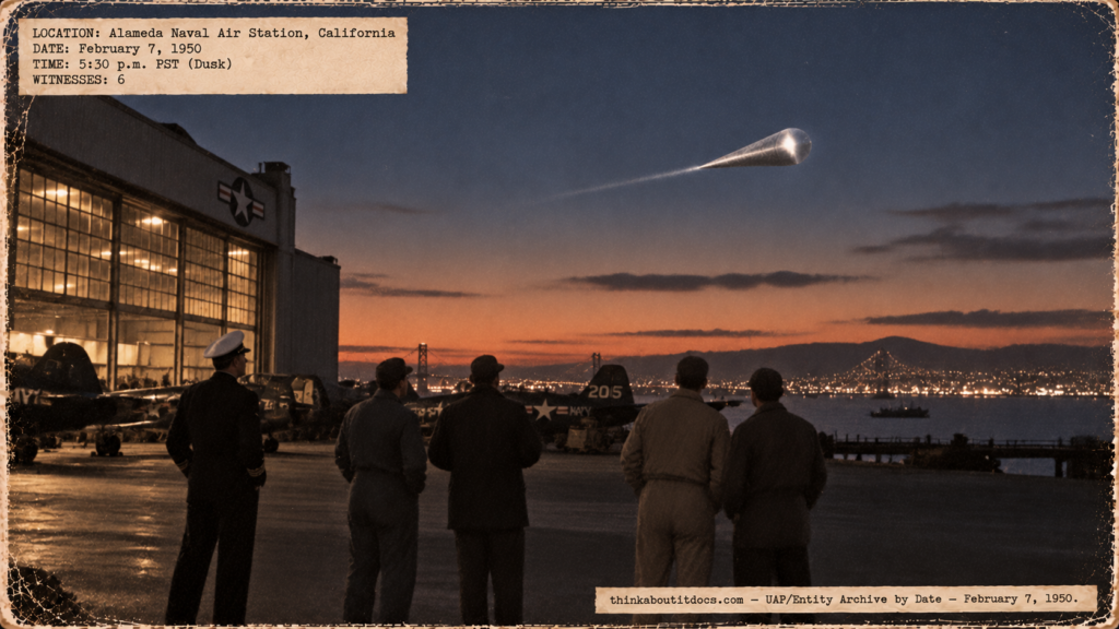 Illustration of a silver cone-shaped object trailing gray vapor over San Francisco Bay at dusk as six observers watch at Alameda Naval Air Station on February 7, 1950