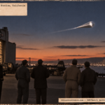 Illustration of a silver cone-shaped object trailing gray vapor over San Francisco Bay at dusk as six observers watch at Alameda Naval Air Station on February 7, 1950