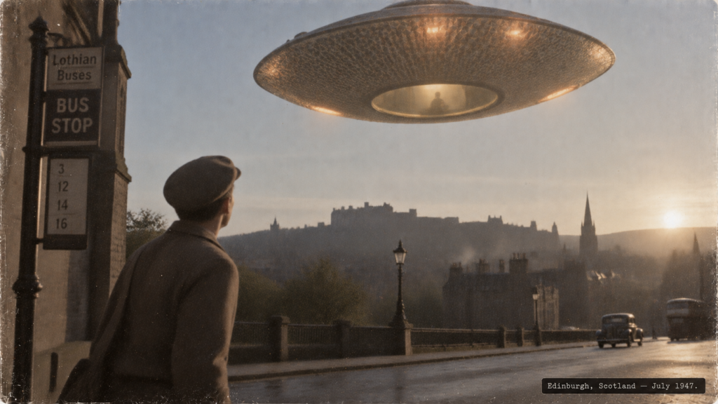 Illustration of a disc-shaped craft hovering over an Edinburgh bus stop with a visible occupant, July 1947