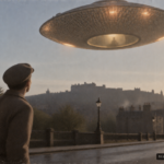 Illustration of a disc-shaped craft hovering over an Edinburgh bus stop with a visible occupant, July 1947