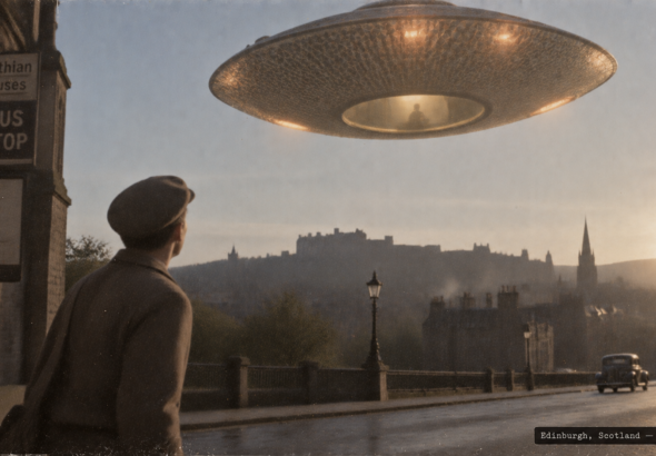 Illustration of a disc-shaped craft hovering over an Edinburgh bus stop with a visible occupant, July 1947