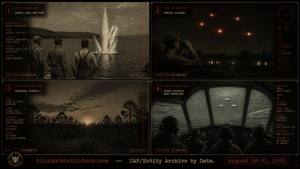 Collage of late August 1952 UFO sightings including the Seneca Lake New York splashdown and the Chickasaw Brookley AFB Alabama light display
