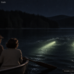 Illustration of the 1955 Bash Bish Reservoir New York encounter with a responsive, partially submerged UFO