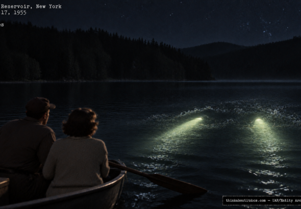 Illustration of the 1955 Bash Bish Reservoir New York encounter with a responsive, partially submerged UFO