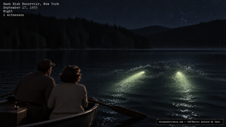 Illustration of the 1955 Bash Bish Reservoir New York encounter with a responsive, partially submerged UFO