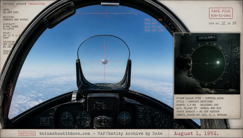 Archival-style illustration of the 1952 Bellefontaine, Ohio gun-camera UFO intercept, showing a silvery round object through an F-86 gunsight reticle