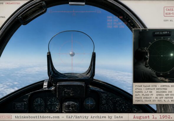 Archival-style illustration of the 1952 Bellefontaine, Ohio gun-camera UFO intercept, showing a silvery round object through an F-86 gunsight reticle