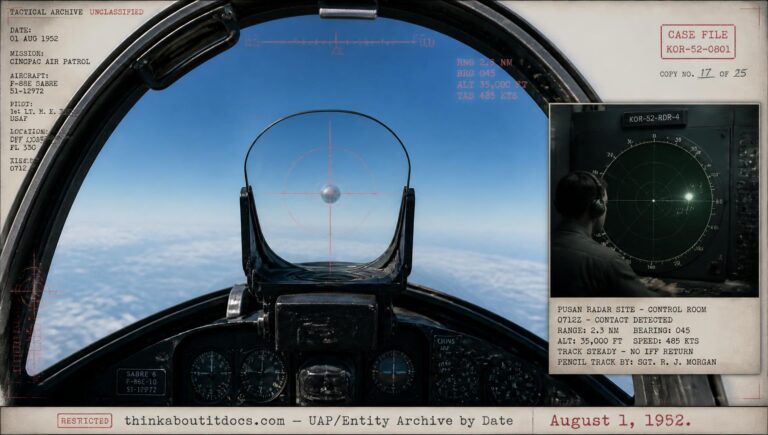 Archival-style illustration of the 1952 Bellefontaine, Ohio gun-camera UFO intercept, showing a silvery round object through an F-86 gunsight reticle