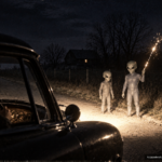 Illustration of the 1955 Branch Hill Ohio roadside encounter with three short gray entities, a precursor to the Loveland Frogmen legend