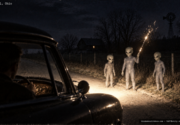 Illustration of the 1955 Branch Hill Ohio roadside encounter with three short gray entities, a precursor to the Loveland Frogmen legend
