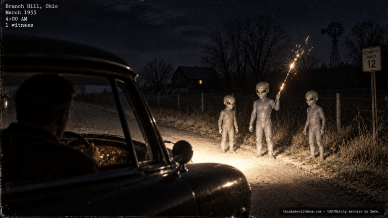 Illustration of the 1955 Branch Hill Ohio roadside encounter with three short gray entities, a precursor to the Loveland Frogmen legend