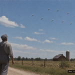 Illustration of railroad veteran Charles Kastl watching nine discs flip in unison near Joliet, Illinois, June 24, 1947
