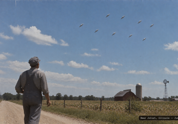 Illustration of railroad veteran Charles Kastl watching nine discs flip in unison near Joliet, Illinois, June 24, 1947