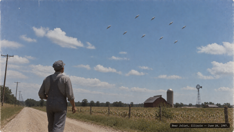Illustration of railroad veteran Charles Kastl watching nine discs flip in unison near Joliet, Illinois, June 24, 1947