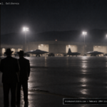 Illustration of indistinct aircraft shapes on a dark airfield tarmac at night with distant figures near hangars, representing the disputed 1954 Eisenhower alien summit claim