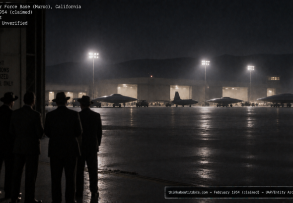 Illustration of indistinct aircraft shapes on a dark airfield tarmac at night with distant figures near hangars, representing the disputed 1954 Eisenhower alien summit claim