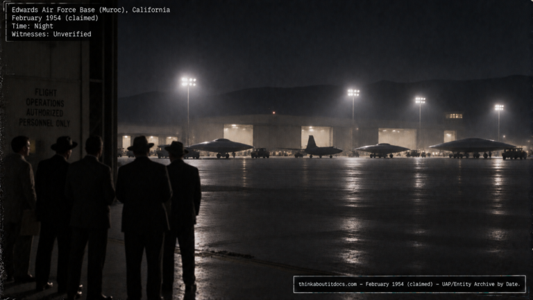 Illustration of indistinct aircraft shapes on a dark airfield tarmac at night with distant figures near hangars, representing the disputed 1954 Eisenhower alien summit claim