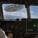 Illustration of the 1955 Utica New York to Boston UFO sighting confirmed by three aircraft, a control tower, and radar