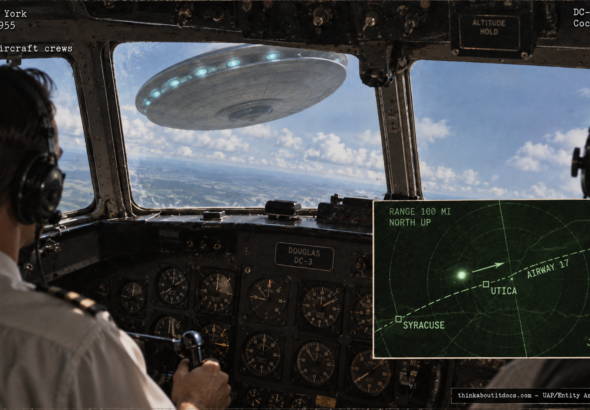 Illustration of the 1955 Utica New York to Boston UFO sighting confirmed by three aircraft, a control tower, and radar