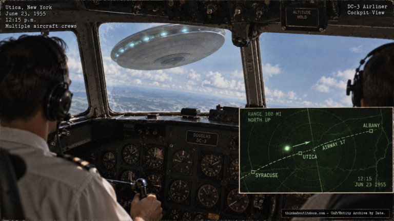 Illustration of the 1955 Utica New York to Boston UFO sighting confirmed by three aircraft, a control tower, and radar