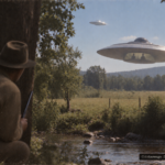 Illustration of a disc hovering low over a Tennessee field revealing two occupants in its cockpit, July 6, 1947