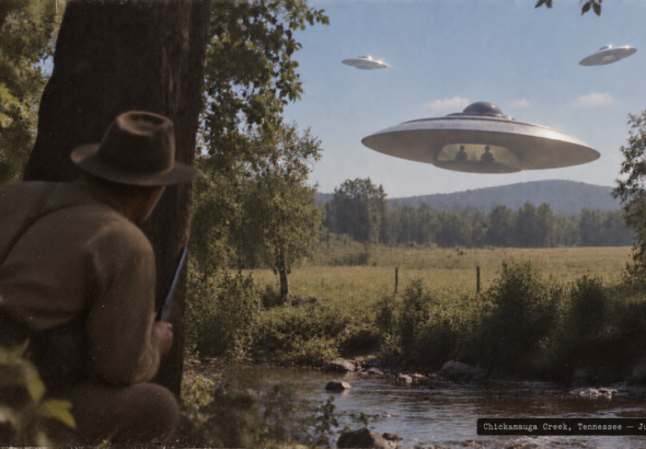 Illustration of a disc hovering low over a Tennessee field revealing two occupants in its cockpit, July 6, 1947