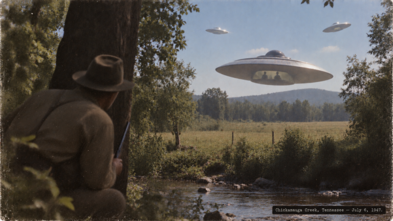 Illustration of a disc hovering low over a Tennessee field revealing two occupants in its cockpit, July 6, 1947