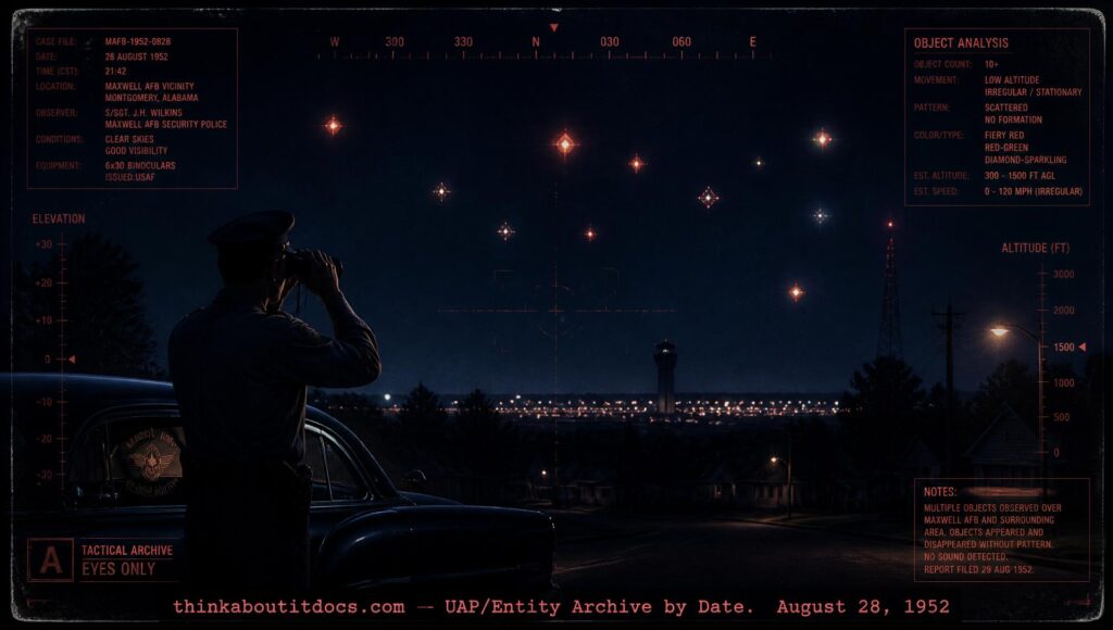 Archival-style illustration of the 1952 Chickasaw and Brookley AFB, Alabama UFO case, showing multiple fiery colored objects over the base watched by an AFOSI officer