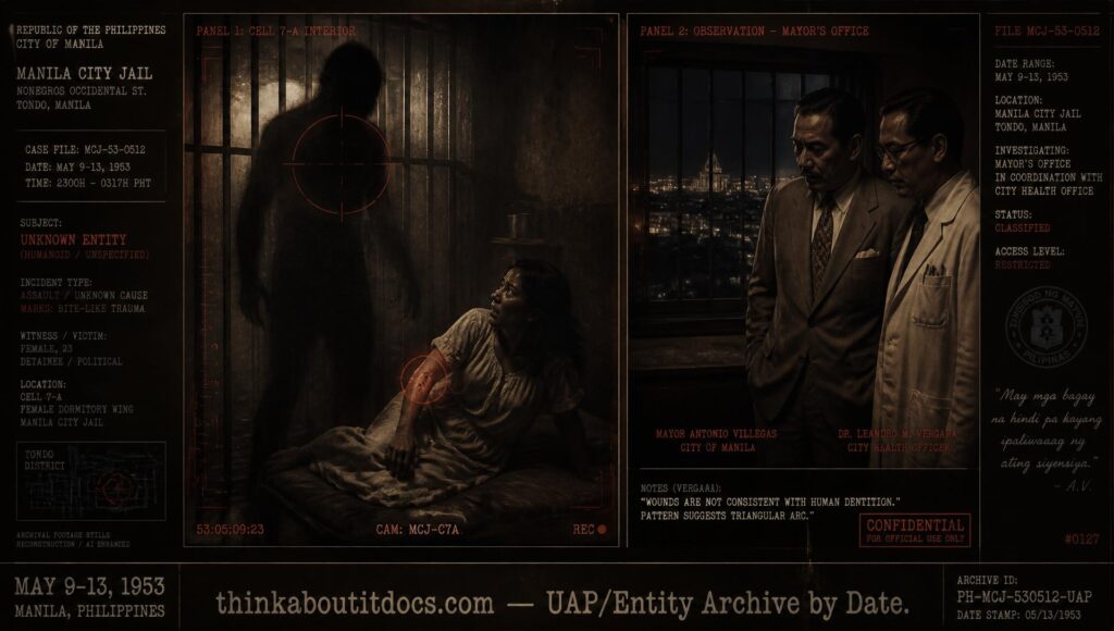 Archival-style illustration of the 1953 Clarita Villanueva case at Bilibid Prison, Manila, showing a shadowy entity near a jail cell and officials witnessing bite marks appear