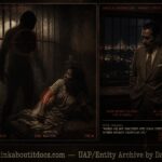 Archival-style illustration of the 1953 Clarita Villanueva case at Bilibid Prison, Manila, showing a shadowy entity near a jail cell and officials witnessing bite marks appear