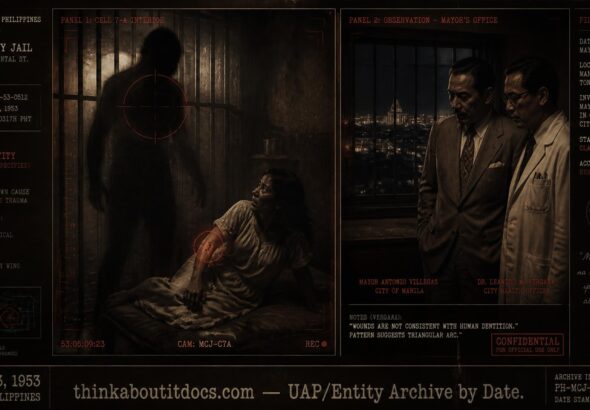 Archival-style illustration of the 1953 Clarita Villanueva case at Bilibid Prison, Manila, showing a shadowy entity near a jail cell and officials witnessing bite marks appear
