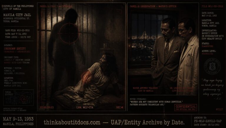Archival-style illustration of the 1953 Clarita Villanueva case at Bilibid Prison, Manila, showing a shadowy entity near a jail cell and officials witnessing bite marks appear