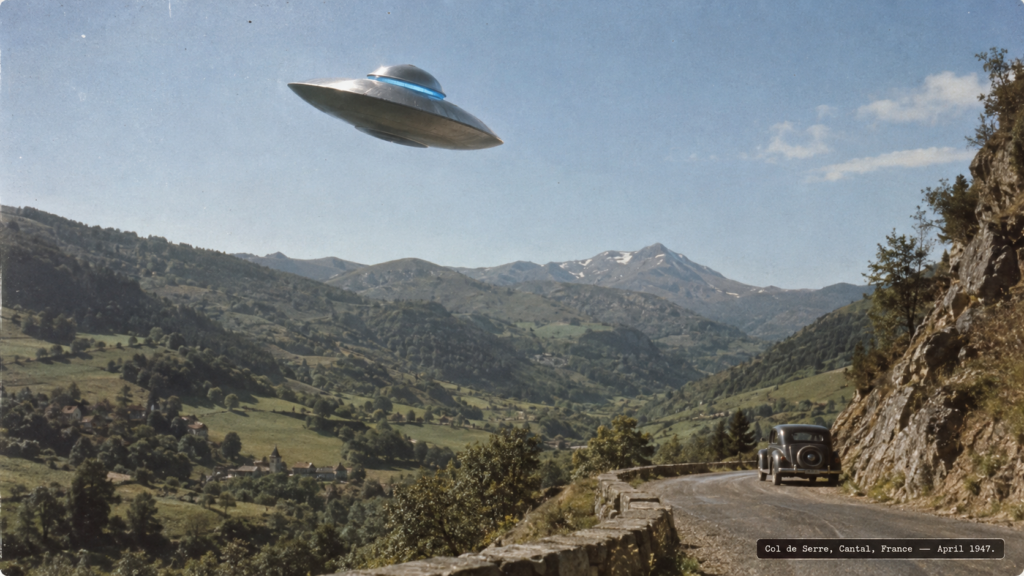 Illustration of a lens-shaped disc with a glowing blue cupola climbing over a rural mountain road near Falgoux, Cantal, France, April 1947