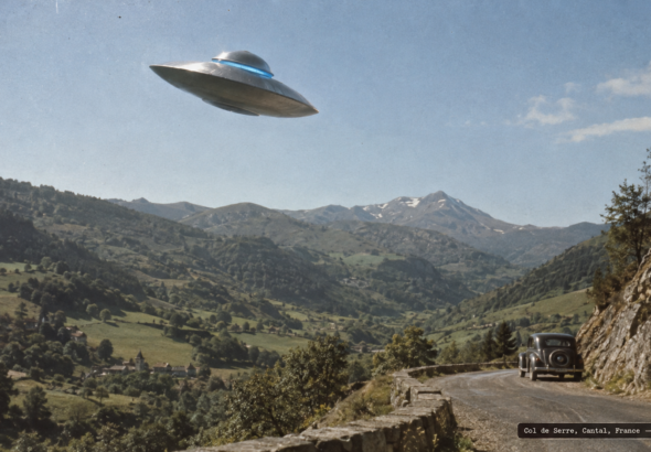 Illustration of a lens-shaped disc with a glowing blue cupola climbing over a rural mountain road near Falgoux, Cantal, France, April 1947