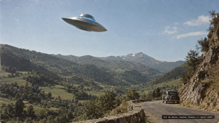 Illustration of a lens-shaped disc with a glowing blue cupola climbing over a rural mountain road near Falgoux, Cantal, France, April 1947