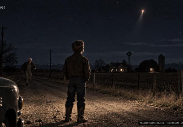 Illustration of the 1955 Colorado missing-time case involving a young boy and a landed white oval object