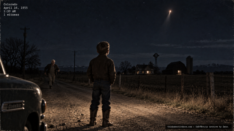 Illustration of the 1955 Colorado missing-time case involving a young boy and a landed white oval object