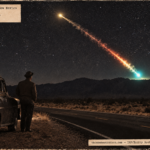 Illustration of a falling ball of light with a flame trail turning blue-green above a mountain ridge as a man stands by a car on a New Mexico highway at night
