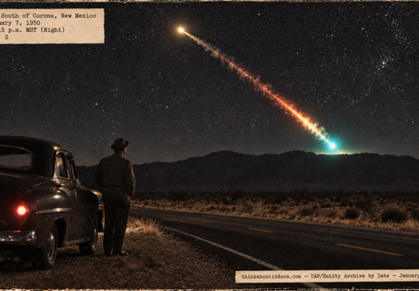 Illustration of a falling ball of light with a flame trail turning blue-green above a mountain ridge as a man stands by a car on a New Mexico highway at night