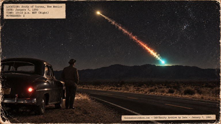 Illustration of a falling ball of light with a flame trail turning blue-green above a mountain ridge as a man stands by a car on a New Mexico highway at night
