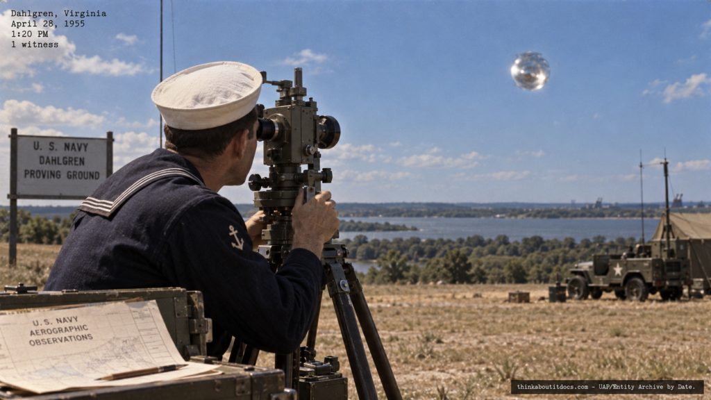 Illustration of the 1955 Dahlgren Virginia theodolite-tracked, radar-confirmed UFO sighting at the Naval Proving Ground