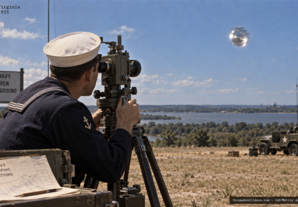 Illustration of the 1955 Dahlgren Virginia theodolite-tracked, radar-confirmed UFO sighting at the Naval Proving Ground
