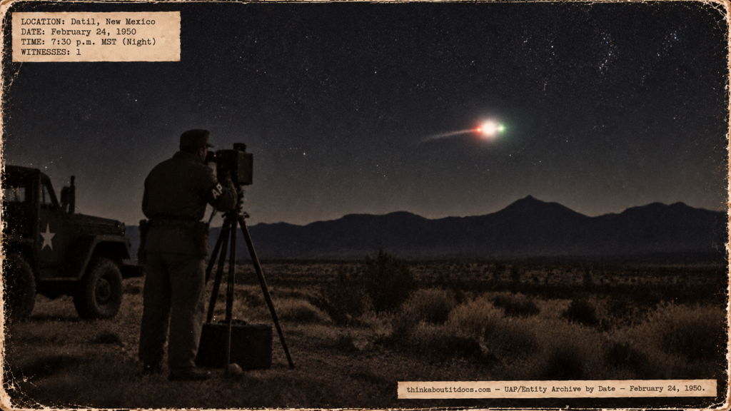 Illustration of an Air Police corporal photographing a brilliant round white, red and green light over mountains near Datil, New Mexico, at night in February 1950