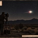 Illustration of an Air Police corporal photographing a brilliant round white, red and green light over mountains near Datil, New Mexico, at night in February 1950
