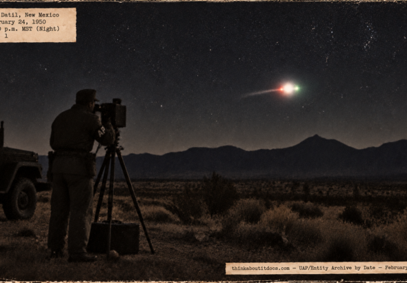 Illustration of an Air Police corporal photographing a brilliant round white, red and green light over mountains near Datil, New Mexico, at night in February 1950