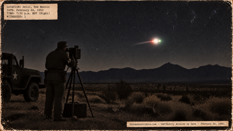 Illustration of an Air Police corporal photographing a brilliant round white, red and green light over mountains near Datil, New Mexico, at night in February 1950
