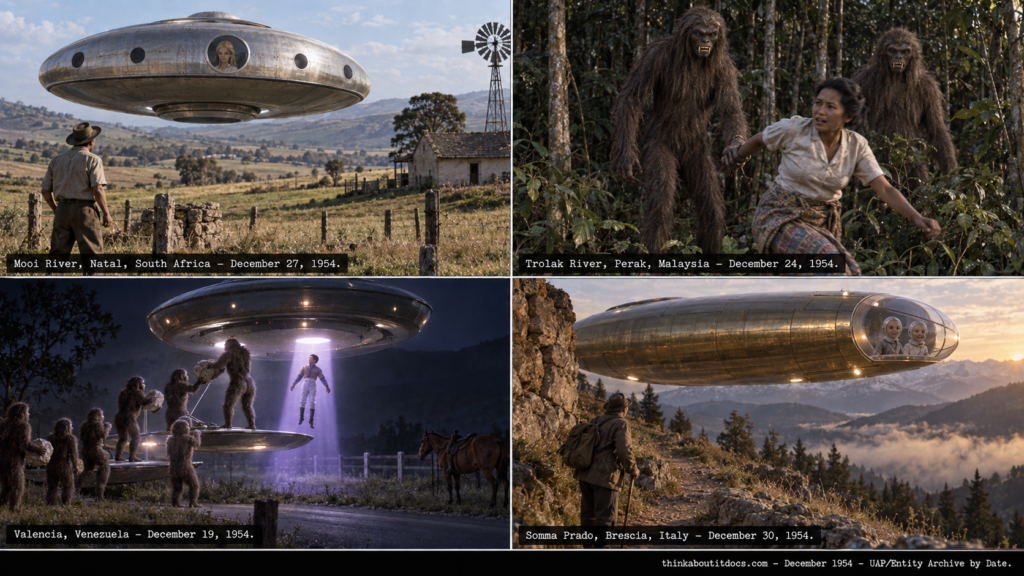 Four-panel collage of late December 1954 UFO sightings: the Elizabeth Klarer Mooi River encounter, the Perak Malaysia fang men, the Valencia Venezuela hairy dwarves incident, and the Somma Prado Italy sighting