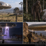 Four-panel collage of late December 1954 UFO sightings: the Elizabeth Klarer Mooi River encounter, the Perak Malaysia fang men, the Valencia Venezuela hairy dwarves incident, and the Somma Prado Italy sighting