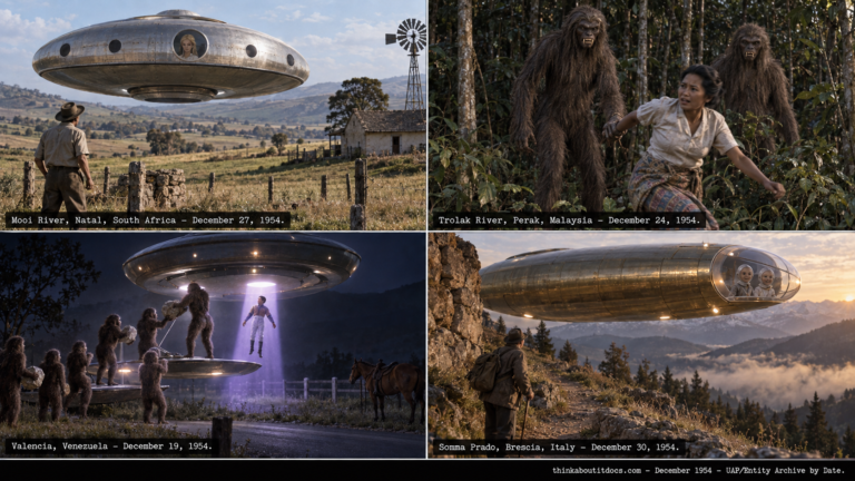 Four-panel collage of late December 1954 UFO sightings: the Elizabeth Klarer Mooi River encounter, the Perak Malaysia fang men, the Valencia Venezuela hairy dwarves incident, and the Somma Prado Italy sighting